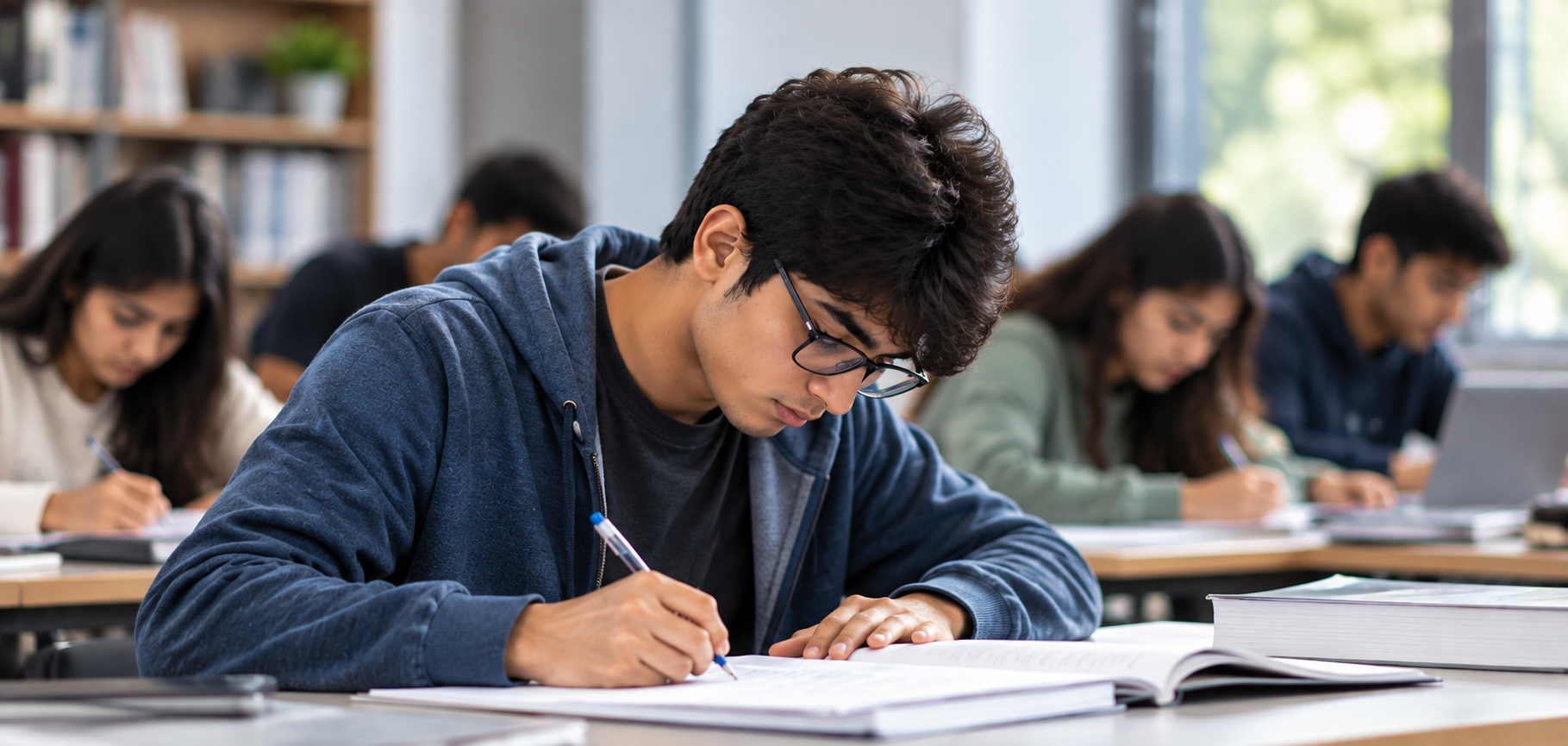 Student writing exam in classroom